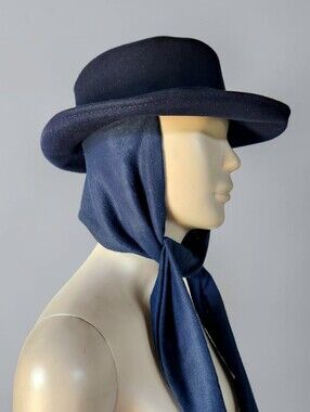 Bollman Wool Scarf Wrap Hat Navy Curled Brim Doeskin USA Mid Century Round